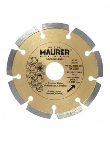 Disco Diamante Maurer Segmentado Laser  115 mm.