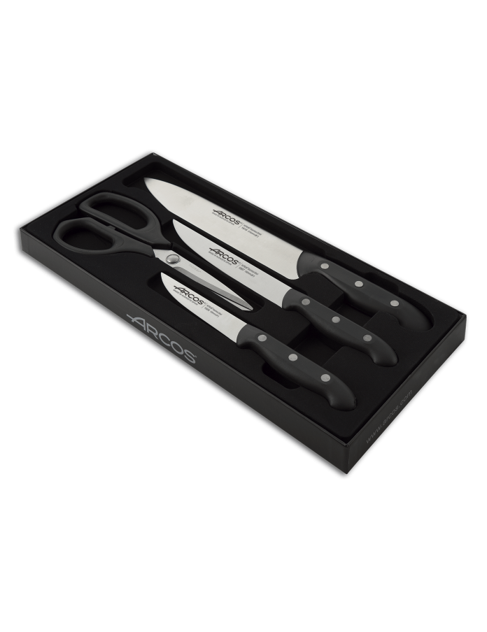  Arcos Serie Universal - Caja de regalo Juego de cuchillos 6  piezas (5 cuchillos + 1 tijera) - Hoja de acero inoxidable nitrum - Mango  de polioximetileno (POM) - Bloque de madera de pino : Hogar y Cocina
