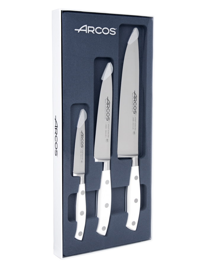  Arcos Serie Universal - Caja de regalo Juego de cuchillos 6  piezas (5 cuchillos + 1 tijera) - Hoja de acero inoxidable nitrum - Mango  de polioximetileno (POM) - Bloque de madera de pino : Hogar y Cocina
