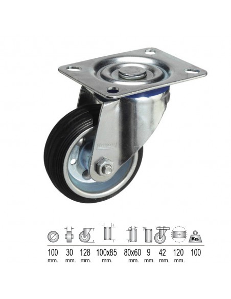 Rueda Industrial Goma Negra Placa 100mm 2