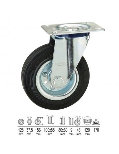 Rueda Industrial Goma Negra Placa  125mm 2