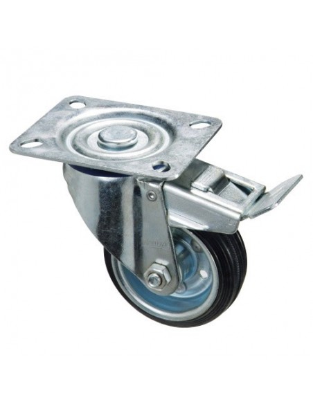 Rueda Industrial Goma Negra Placa con freno   80mm